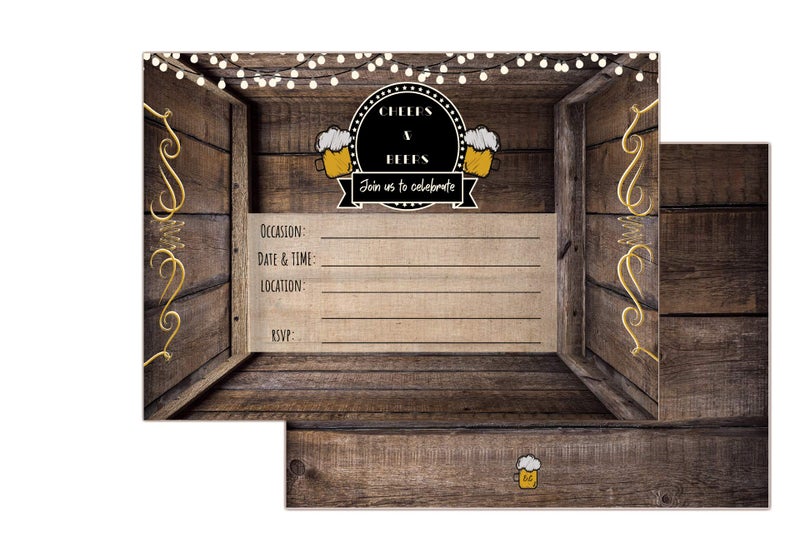 Elcer Cheers and Beers Birthday Country Rustic Fill In Set of 20 Invitations & envelopes 30 years 40 years 50 years Adult party All occasion Fill in invites - Image 1